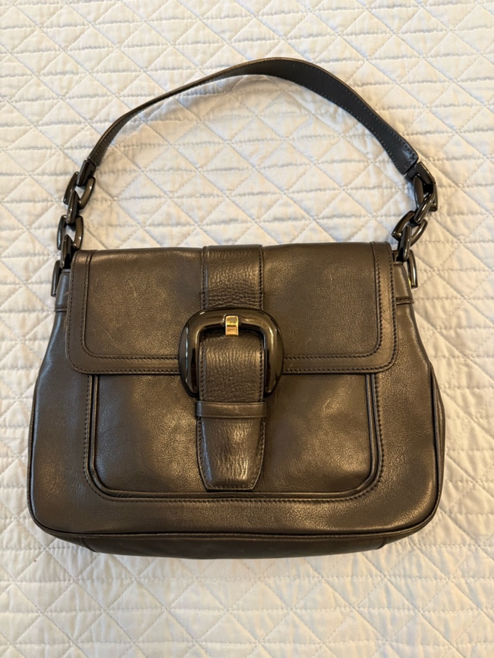 Anne Klein Dark Brown Leather Shoulder Bag with Buckle Accent